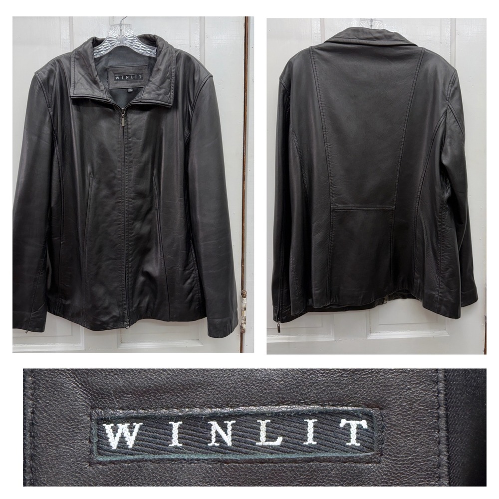 Winlit Womens XL Black Genuine Leather Zip Up Jacket Soft Supple